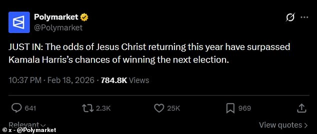 Surreal Odds: Jesus's Return in 2026 Outpaces Kamala Harris's 2028 Bid, Per Polymarket Data