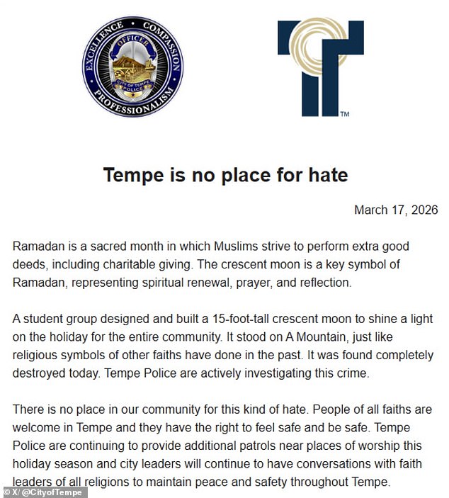 Tempe's Ramadan Crescent Moon Destroyed in Mysterious Act of Hate