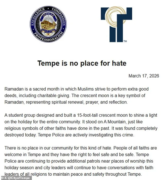 Tempe's Ramadan Crescent Moon Destroyed in Mysterious Act of Hate