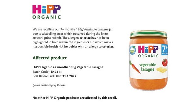 UK recalls HiPP baby food for missing celery allergy warning.